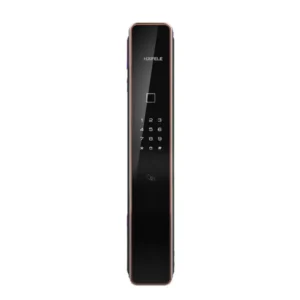 Khóa điện tử Hafele PP9000 màu đen mờ sang trọng, thiết kế push-pull hiện đại trên cửa gỗ